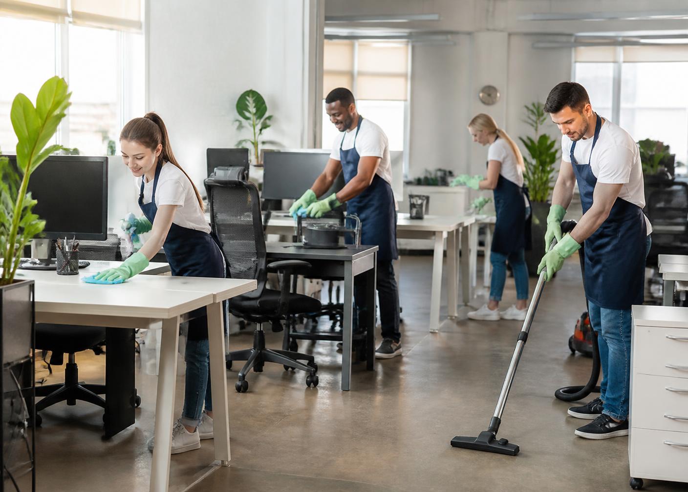 Professional cleaning team working in an office